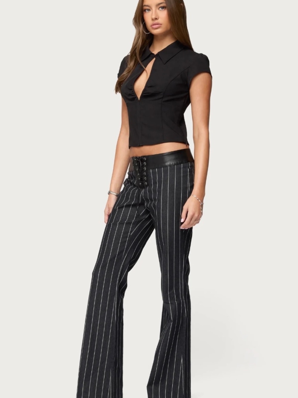 Edikted Pinstripe & Faux Leather Low Rise Flared Jeans - Size S - Picture 4 of 9